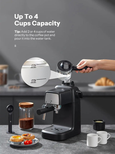 Compact 3.5 Bar Espresso Machine With 800W Power, Steam Wand, Coffee Maker on kitchen counter setup for making drinks