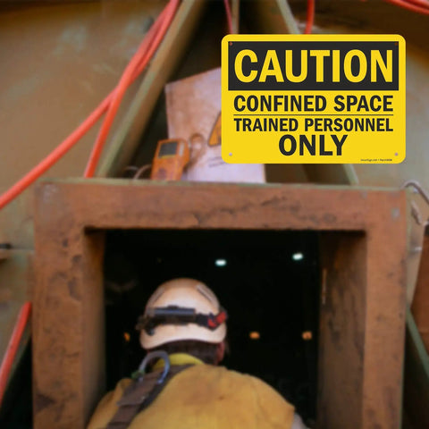 Confined Space Caution Sign 7x10 Inches OSHA Safe For Jobsites Trained Personnel Only 55 Mil HDPE Plastic Black And Yellow High Visibility Durable Outdoor Indoor Safety Sign