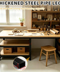Heavy Duty Garage Workbench With Scratch Resistant Solid Wood Top And Lower Shelf For Toolboxes And Shop Gear view of sturdy workbench with thickened steel legs.