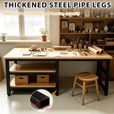 Heavy Duty Garage Workbench With Scratch Resistant Solid Wood Top And Lower Shelf For Toolboxes And Shop Gear view of sturdy workbench with thickened steel legs.