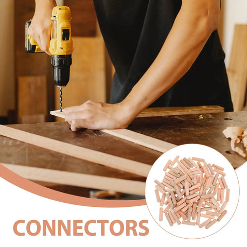 Craftsman using drill with 100 Pieces M8x30mm Wooden Dowels For Woodworking Furniture With Stable Grip And No Wobble Round Wood Pins image