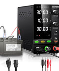 Variable DC Power Supply 30V 10A 300W Lab Bench Charger with Output Switch OCP beside LiFePO4 battery and cables