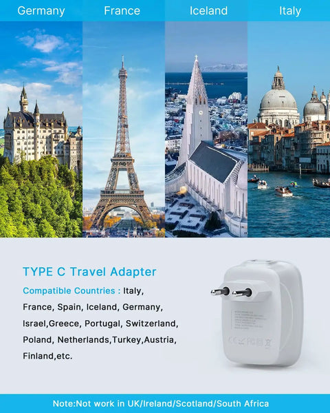 2 Pack European Travel Plug Adapter 6 In 1 Converter With 2 American Outlets 3 USB Ports And USB C Power 2500W Max Type C Europe Plug with countries shown.