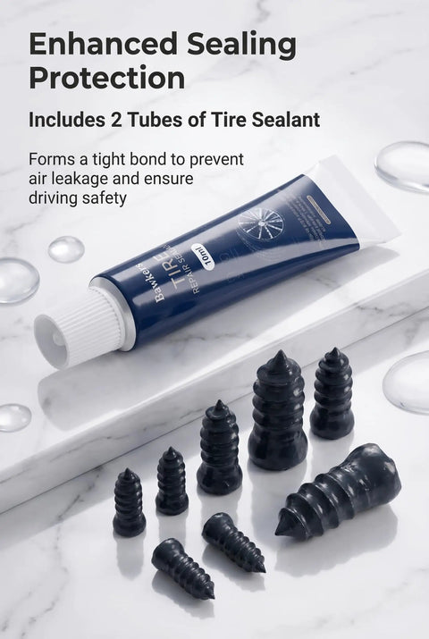 Close-up of tube and rubber nails from 65 Piece Tire Repair Kit With Rubber Nails, Black Sealant Tubes, And Screw In Plugs For Cars, Motorcycles, And Trucks