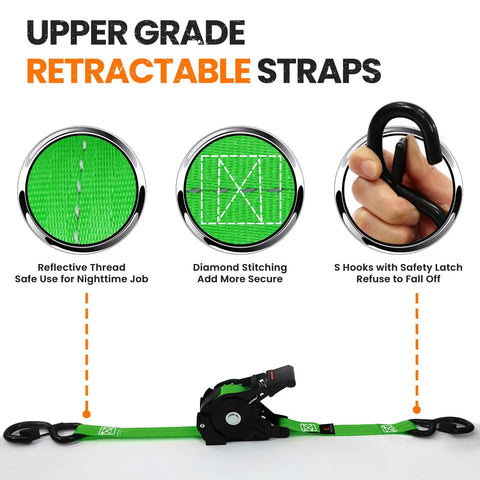 Super Sweet Retractable Ratchet Straps 1 Inch By 12 Feet 4pk showing reflective thread and S hooks for secure hauling.