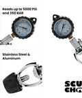 Yoke Valve Tank Pressure Checker For Scuba Diving Accurate 5000 PSI And 350 BAR Gauge Seven Inch Long And Two And A Quarter Inch Wide