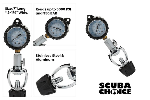 Yoke Valve Tank Pressure Checker For Scuba Diving Accurate 5000 PSI And 350 BAR Gauge Seven Inch Long And Two And A Quarter Inch Wide