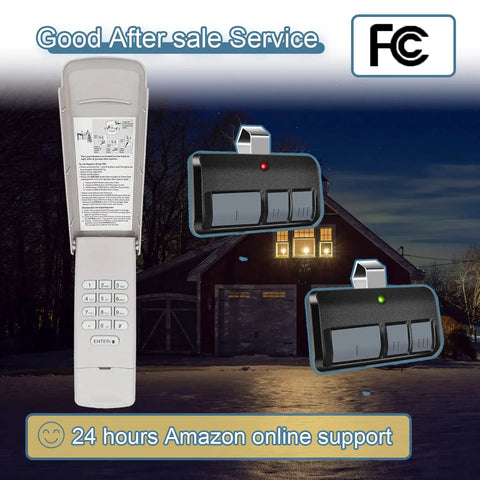 877MAX Keypad With 2 Pack 893MAX Remote For No Hassle Garage Door Opener Control, shown with remote and keypad in front of a garage