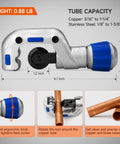 Front view of iCrimp copper pipe pressing tool kit with cutter and deburring tool, silver body with blue knob