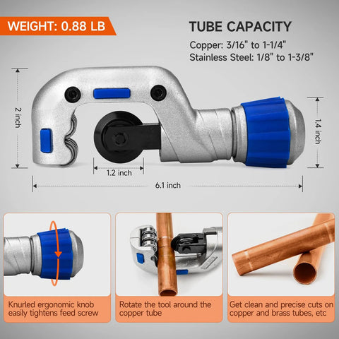 Front view of iCrimp copper pipe pressing tool kit with cutter and deburring tool, silver body with blue knob