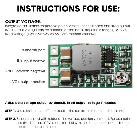 20 Pack DC Buck Regulator Modules Input 4.5 to 24V Fixed 5V or Adjustable 0.8 to 17V Up to 3A Mini Voltage Reducer showing labeled ports and components