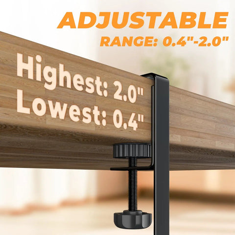 Close-up of adjustable clamp on Under Desk Cable Management Tray No Drill Steel Desk Organizer with range markings 0.4"-2.0"