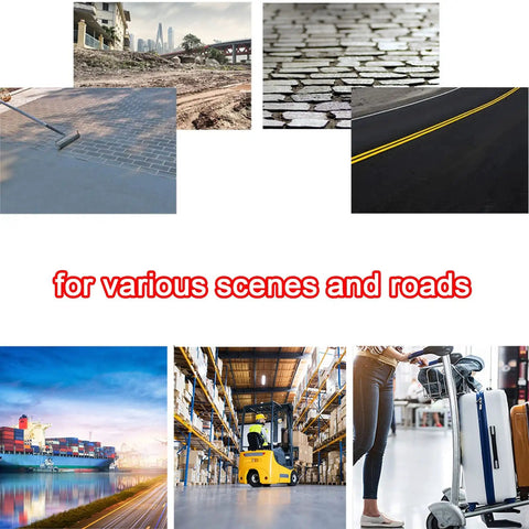 Various roads and scenes including dirt road, cobblestones, asphalt, industrial warehouse with forklift, and airport luggage.
