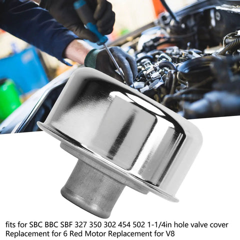 Round Valve Cover Breather Kit For SBC BBC SBF V8 Engines, Push In Breather shown in front of a car engine with tools