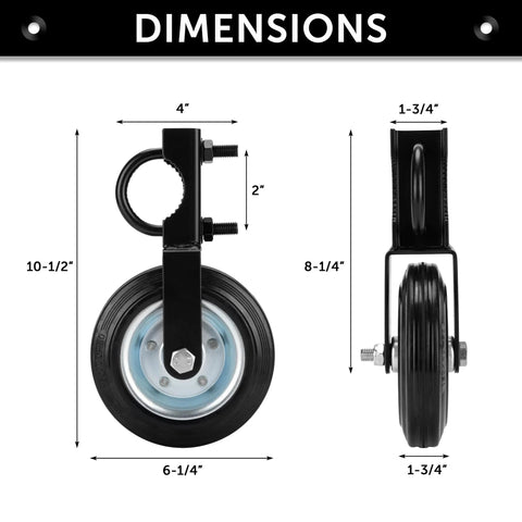 6 Inch Heavy Duty Metal Gate Caster For 1 5 Eighths To 2 Inch Frame, Chain Link Fence Support, side and front view dimensions