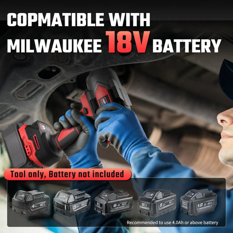 Built Tough Half Inch Cordless Impact Wrench Delivers Serious Grunt For Auto Work Compatible With Milwaukee 18V Batteries in use under a vehicle.