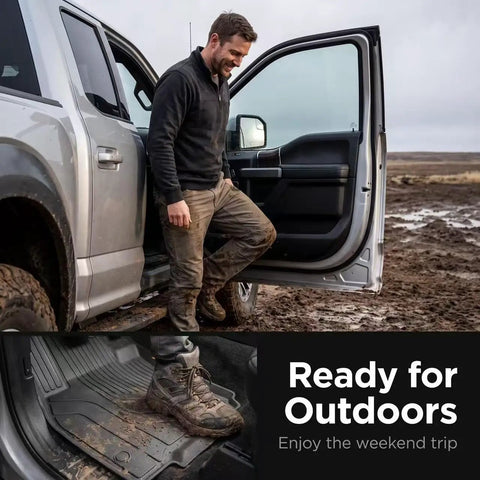 Man exiting a truck with Straight Up Hella Durable Floor Mats For Tesla Model Y Custom Snug Fit All Weather TPE Liners.