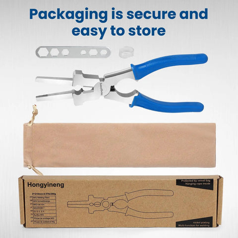 8 Inch MIG Welding Pliers With Comfort Grip For Pros And DIYers shown with packaging and accessories