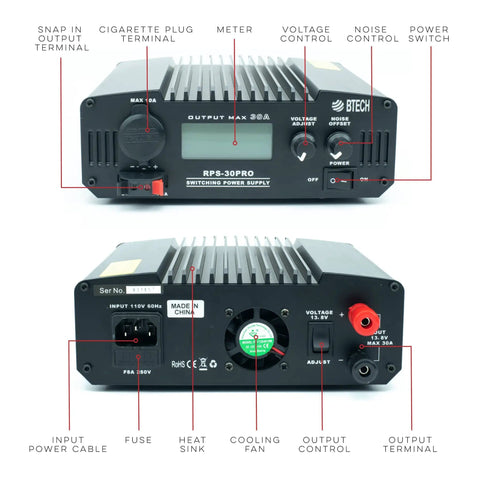 30 Amp Regulated Universal Bench Power Supply For CB Ham Radios And Scanners, front and back views with labeled components.