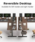 Big Game Changing L Shaped Standing Desk With Cup Holder Electric Height Adjust Corner Computer Workstation Ergonomic Sit Stand Up Home Office Gaming Station Spacious Black Walnut Finish showing dual monitors and ergonomic chair.