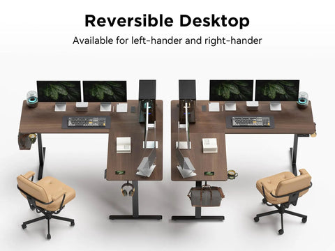 Big Game Changing L Shaped Standing Desk With Cup Holder Electric Height Adjust Corner Computer Workstation Ergonomic Sit Stand Up Home Office Gaming Station Spacious Black Walnut Finish showing dual monitors and ergonomic chair.