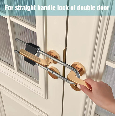All Metal Double Door Locking Bar For Inswing And Outswing Doors, Keyed Extra Lock With U Shaped Barrier installed on double door handles