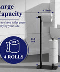 Free Standing Toilet Paper Holder With Four Roll Capacity, Rustproof Metal Stand, Non-Slip Stable Base, Black Finish in bathroom
