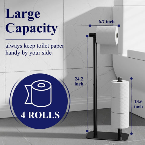 Free Standing Toilet Paper Holder With Four Roll Capacity, Rustproof Metal Stand, Non-Slip Stable Base, Black Finish in bathroom