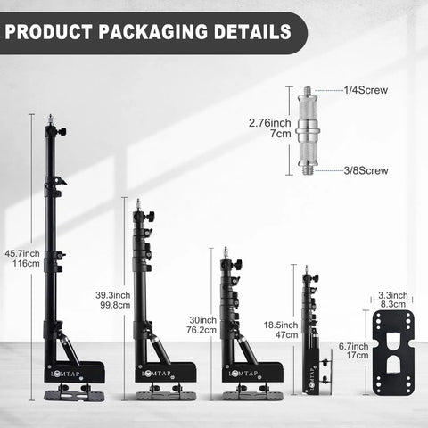 Ring Light Wall Mount With 45.7 Inch Adjustable Boom Arm for Photography Studio Lighting shown with screws and bracket dimensions