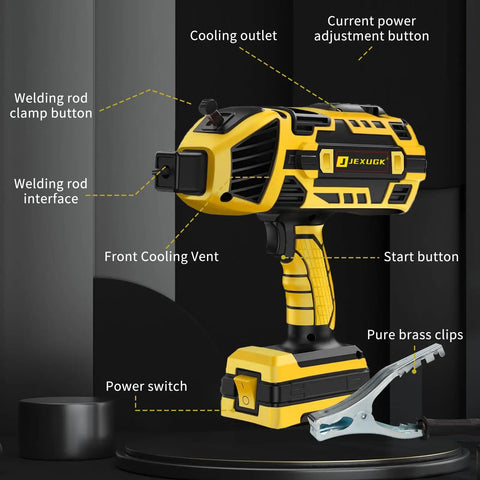 Portable Arc Welder With IGBT Inverter, 20 To 120A, handheld device with cooling vents, power adjustment, and welding rod interface.