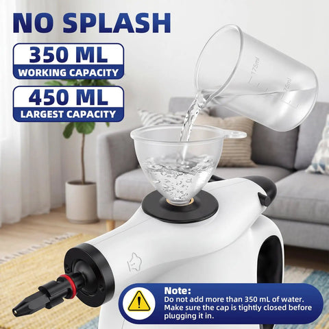 Powerful Handheld Steam Cleaner With Huge Tank And 11 Nifty Accessories For Deep Cleaning Cars Furniture Floors Kitchens Windows And More Featuring Safety Lock Plus Quick Heating Technology That Dings Out Grime Effortlessly Without Toxic Chemicals Making, filling tank with water