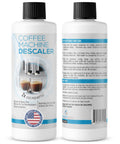 Front and back view of Pro Grade Descaler For Coffee And Espresso Makers 2 Bottle Pack 4 Uses Keeps Your Brews Great Universal Compatibility