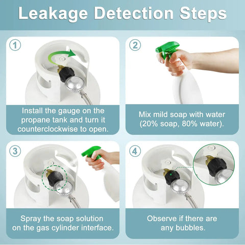 Leakage detection steps for Six Foot Stainless Steel Braided Propane Regulator With Hose For Blackstone 28 And 36 Inch Griddles Weber Grills Patio Heaters And Fire Pits The Go To Universal Gas Grill Regulator Replacement Part.