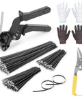 Stainless Steel Cable Tie Gun Set with 300 black zip ties, gloves, and metal scissors for fencing, automotive projects.