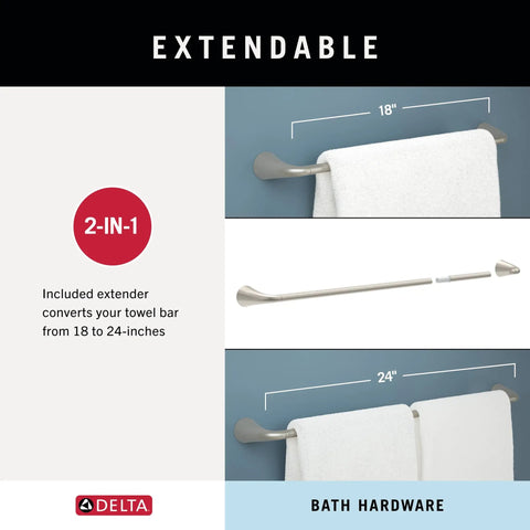 Arvo 4 Piece Bathroom Hardware Set with 18 Inch Towel Bar and 6 Inch Extender in Brushed Nickel, extendable to 24 inches.