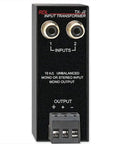 Front view of TX-J2 unbalanced input transformer with quality connectors for tiny space studio setups, great for pro audio gear.