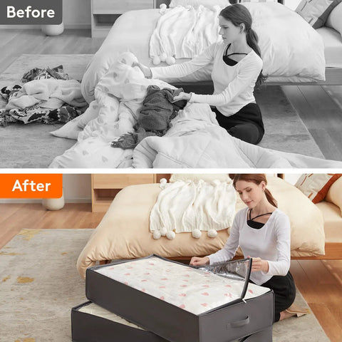 Woman using 4 Pack Under Bed Storage Containers 95L Large Capacity With Reinforced Handles For Blankets, Comforters, Sheets And Clothes