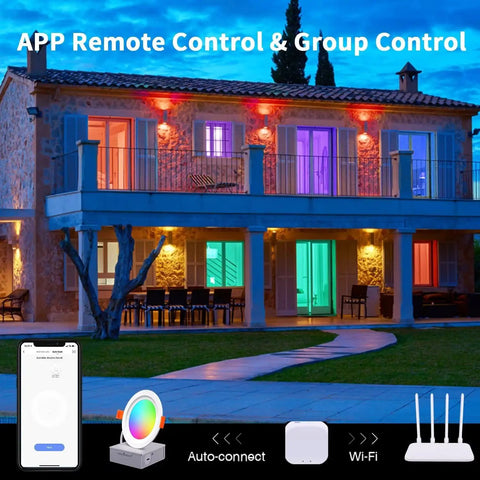 House with 4 Pack 4 Inch RGB LED Recessed Downlights With J Box 10W 800LM, showing color changing through app control