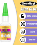 Image of ClenyMagi shoe glue bottle with anti-clog cap, labeled as ultra strong, transparent, stable, and instant.