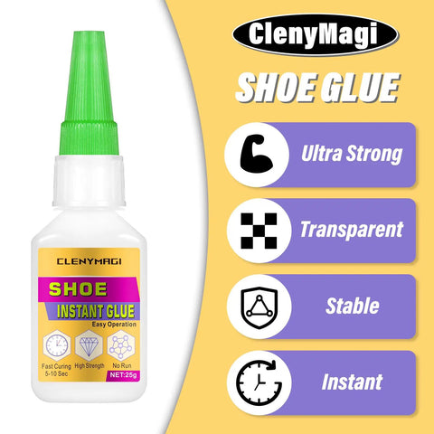 Image of ClenyMagi shoe glue bottle with anti-clog cap, labeled as ultra strong, transparent, stable, and instant.