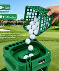 Portable Golf Ball Dispenser And Tee Machine With 50 Ball Capacity, green, on golf course, showing ball loading feature.