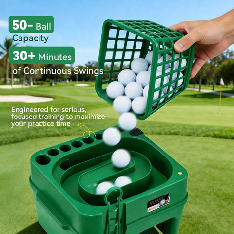 Portable Golf Ball Dispenser And Tee Machine With 50 Ball Capacity, green, on golf course, showing ball loading feature.