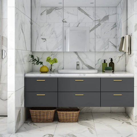 Gold Brushed Brass Cabinet Pulls With Screwdriver Included For Easy Install Six And A Quarter Inch Hole Center Six And Three Quarters Inch Overall Length Half Inch Wide Twenty Five Pack Slick Kitchen Cabinet Handles on dark bathroom drawers