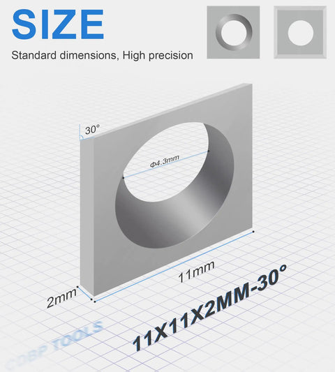 11mm square carbide insert tip with 30 degree bevel, 4.3mm hole, precise dimensions for woodturning and lathe tasks.