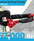 Red Soft Shackle Set With Protective Sleeve 57,000 Lbs Breaking Strength attached to vehicle towing hitch.