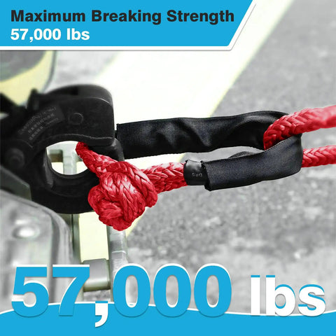 Red Soft Shackle Set With Protective Sleeve 57,000 Lbs Breaking Strength attached to vehicle towing hitch.