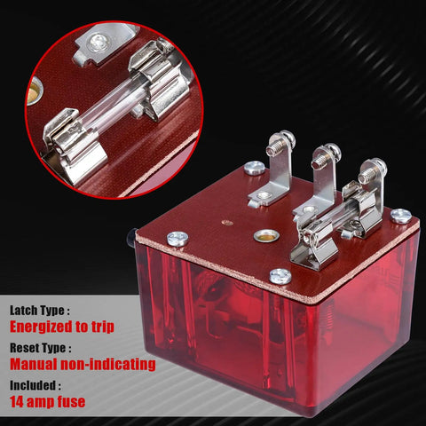 117 Push Button Magnetic Switch 25700071 Replacement with red casing, energize to trip feature, manual reset, and 14 amp fuse