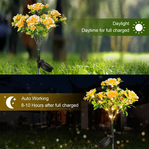 Go To Solar Carnation Flower Lights For Outdoor Garden Decor Waterproof IP65, Warm White 3200K LEDs in day and night view