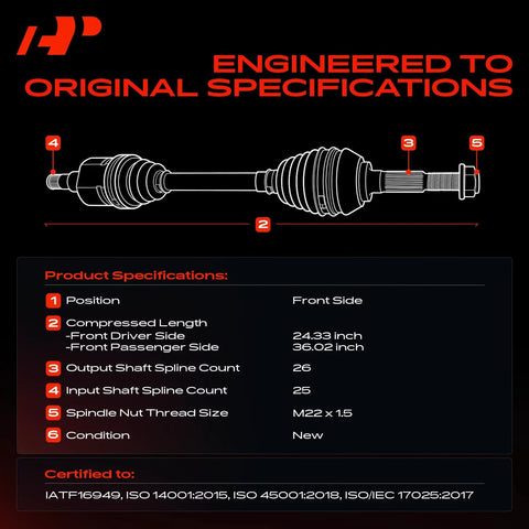 Diagram of Honda Civic Front CV Axle Shaft Assembly Pair Beefed Up Heavy Duty Direct Fit For 2006 Through 2015 1.8L L4 Automatic Transmissions.
