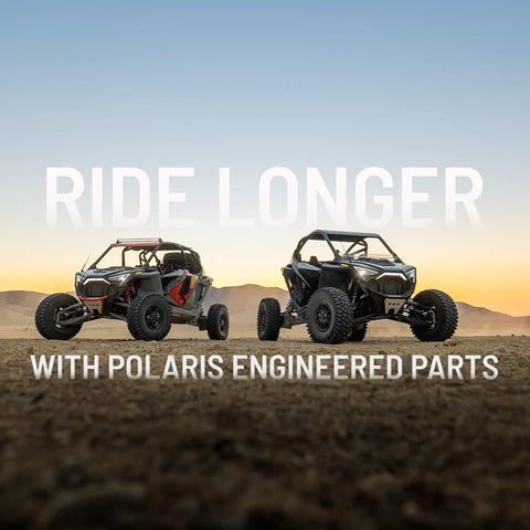 Two off-road UTVs in desert, promoting CVT Drive Belt Replacement For Select RZR Models OEM Part 3211172.